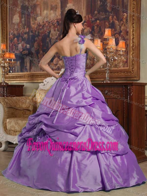 Purple Ball Gown One Shoulder Taffeta Quinceanera Dress with Rolling Flowers