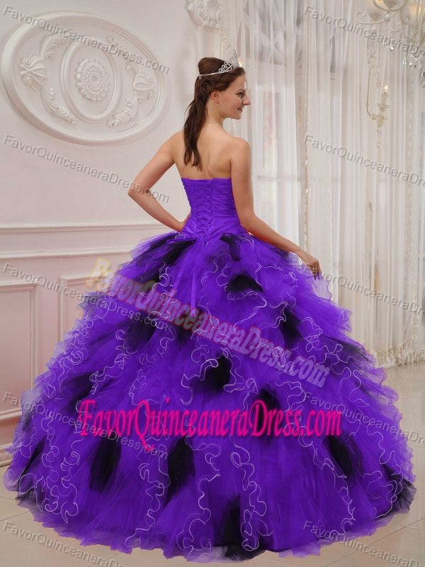 Beaded and Ruched Purple and Black Sweetheart Quince Dresses in Organza
