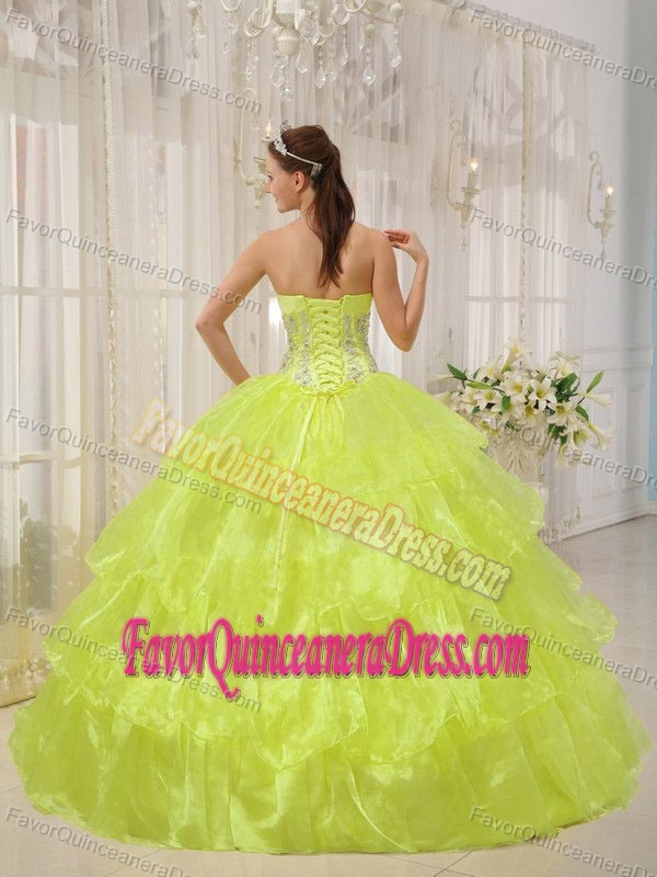Strapless Yellow Beaded 2013 Dress for Quinceanera in Taffeta and Organza