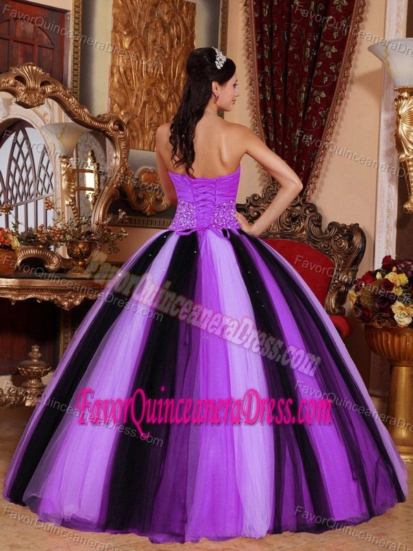 Multi-colored Floor-length Tulle Beaded Dress for Quinceanera with Sweetheart