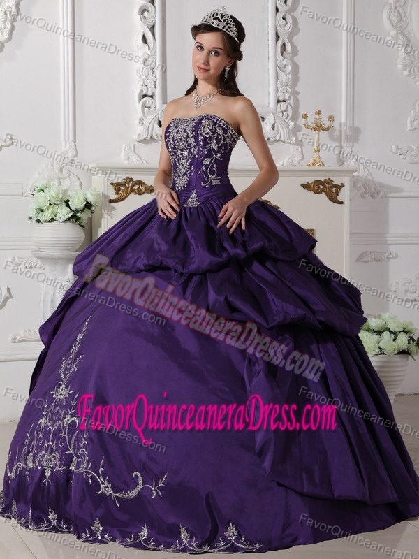 Purple Ball Gown Strapless Floor-length Embroidery Quinceanera Dress in Taffeta
