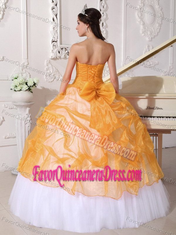 Taffeta and Organza Orange and White Ball Gown Quince Dresses with Appliques