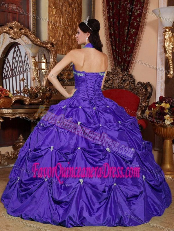 Purple Ball Gown Floor-length Taffeta Appliques Quince Dresses with Halter Top