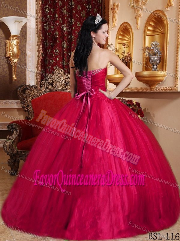 Beaded Red Ball Gown Tulle and Taffeta for Quince Dresses with Sweetheart