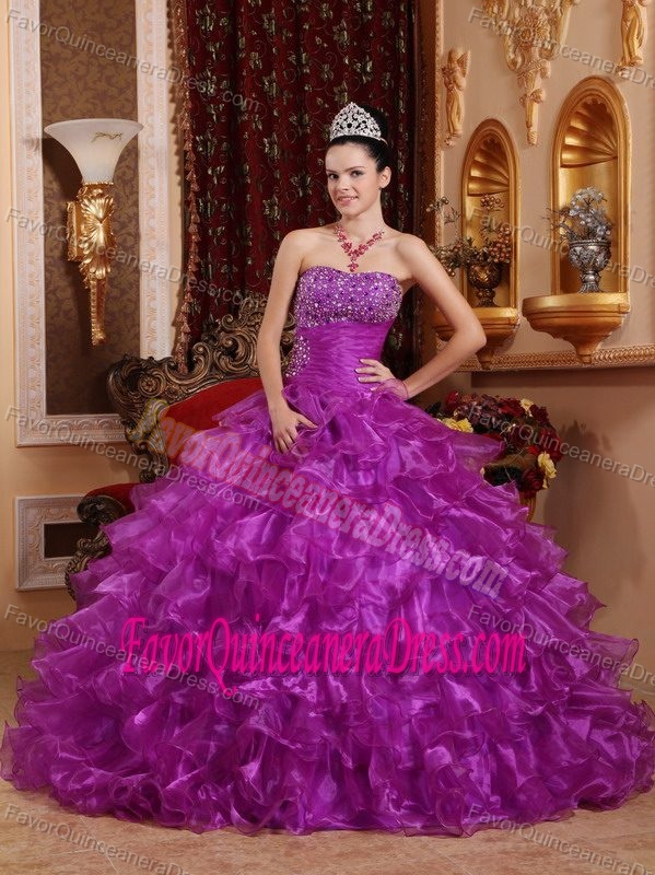 Floor-length Organza Beaded Ball Gown Strapless Dresses for Quince in Purple