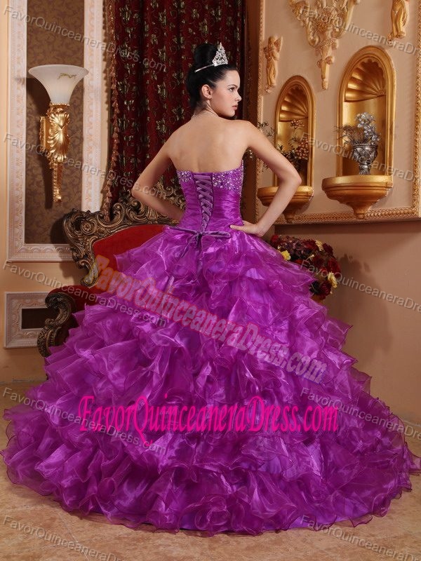 Floor-length Organza Beaded Ball Gown Strapless Dresses for Quince in Purple