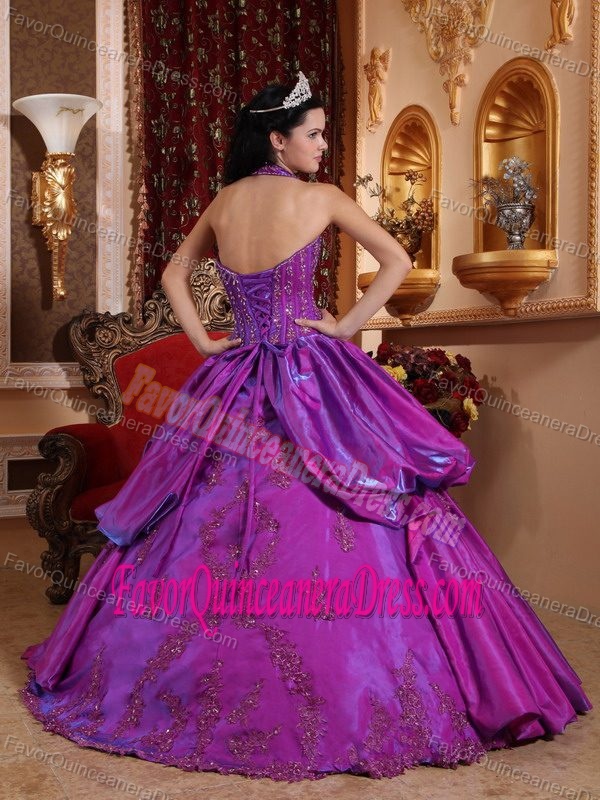 Halter Floor-length Taffeta Purple Quinceanera Dresses with Appliques