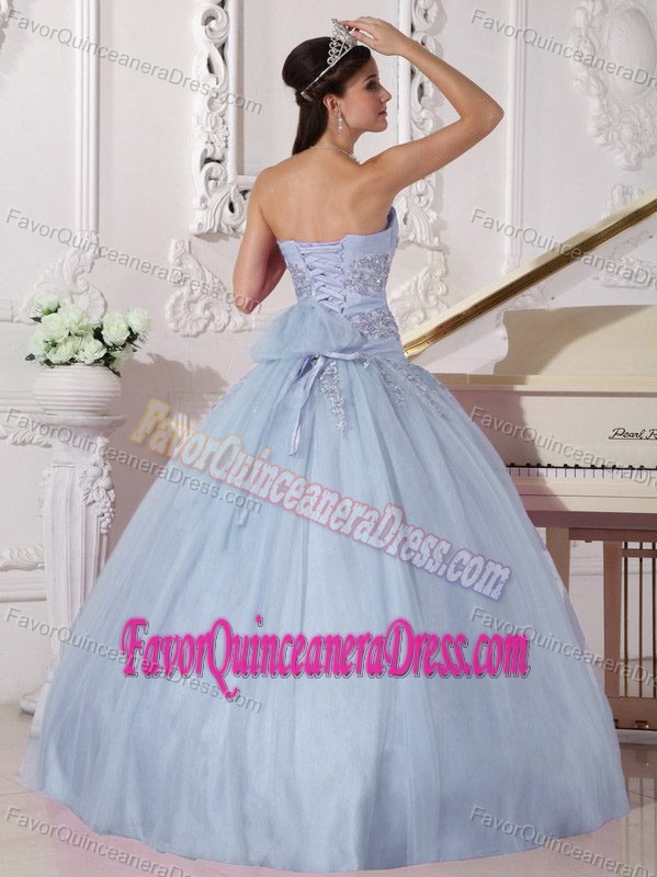 Ornate Light Blue Beaded Quinceanera Gown Dress in Taffeta and Tulle
