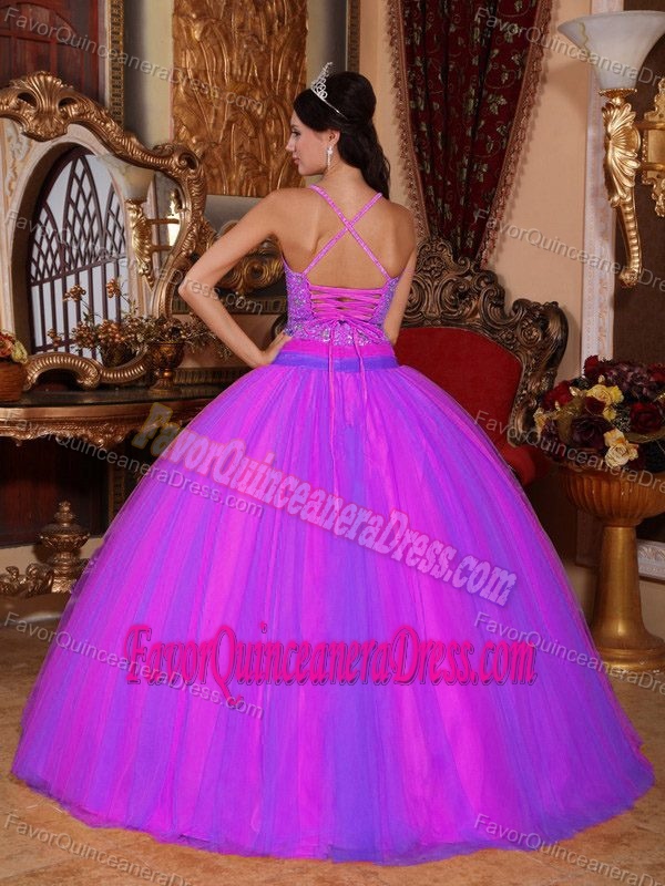 V-neck Floor-length Beaded Quinceanera Dresses in Taffeta and Tulle