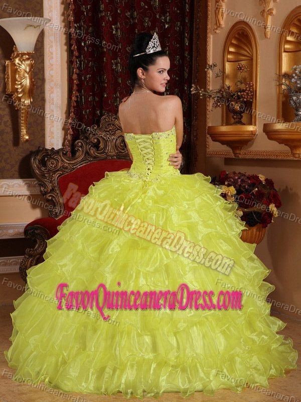 Yellow Strapless Floor-length Organza Quinceanera Dress with Beading