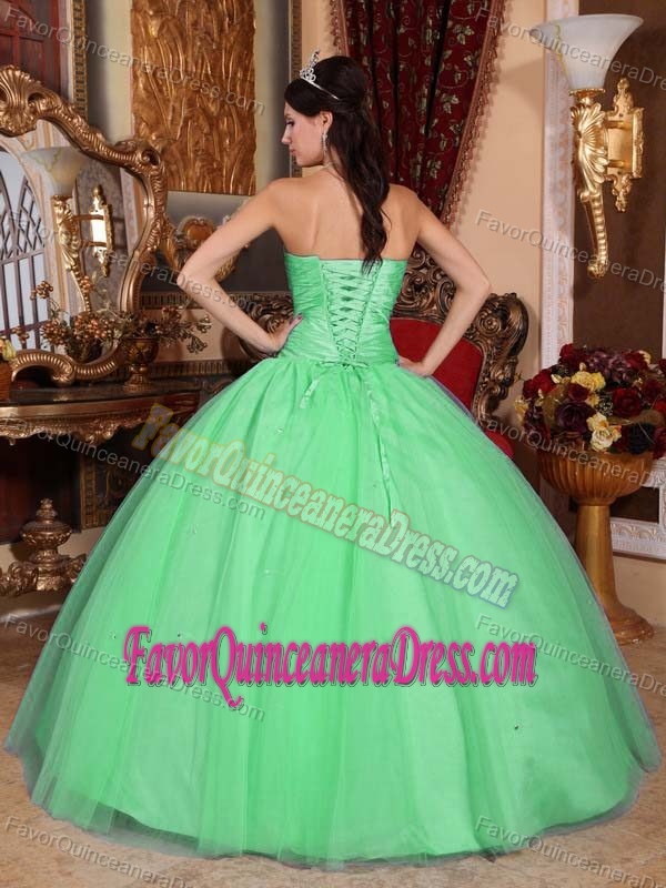 Sweetheart Tulle and Taffeta Beaded Ruched Quinceanera Dress in Green