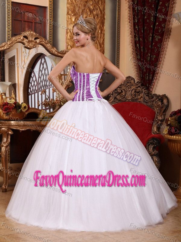 White Strapless Floor-length Tulle Quinceanera Gown Dress with Sequins