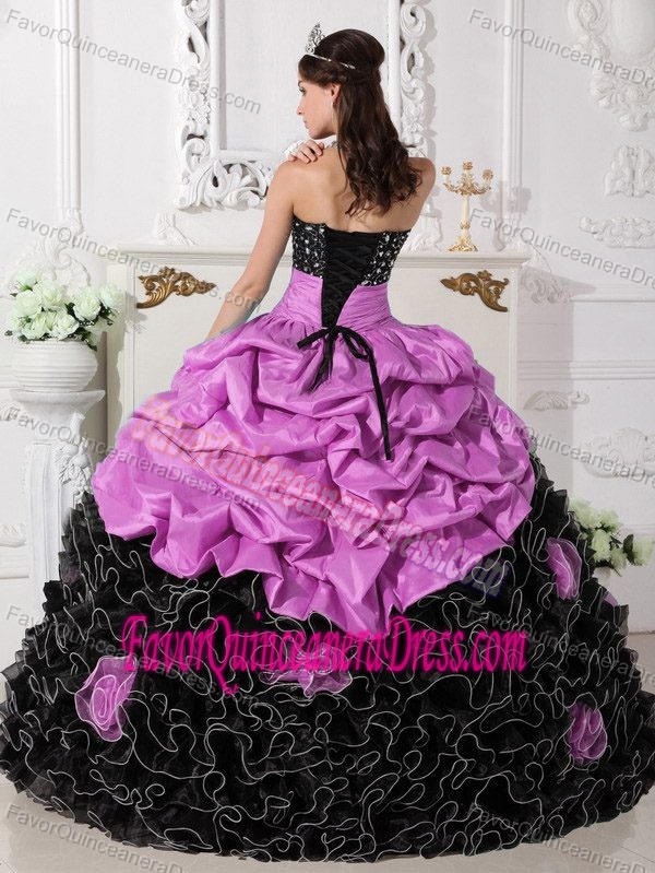 Pink and Black Organza Beaded Quinceanera Dress with Rolling Flowers