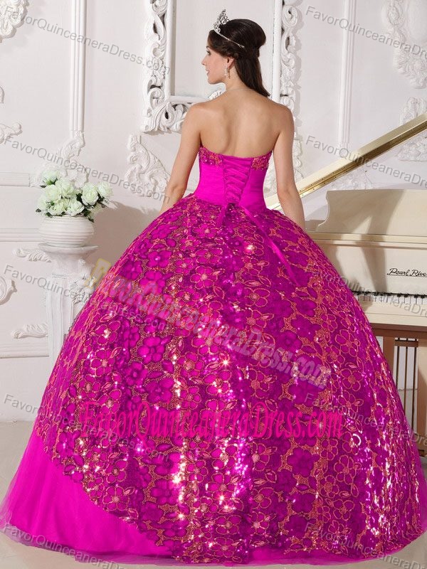 Ornate Hot Pink Strapless Beaded Quinceanera Dress in Tulle with Ruches
