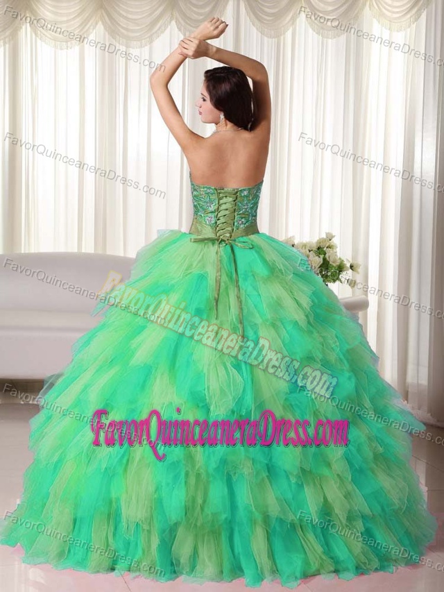 Dreamy Multi-colored Strapless Quinceanera Dress in Tulle with Appliques
