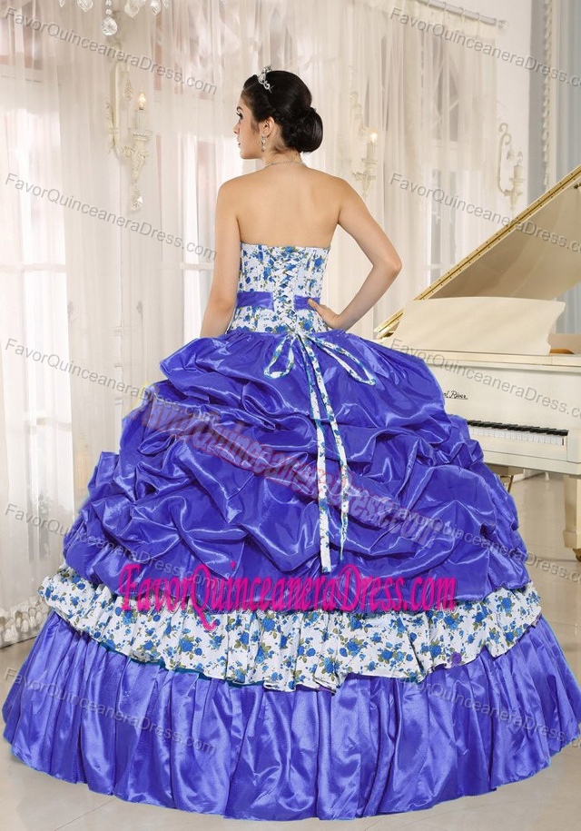 Classical Beaded Blue Quinceanera Gown Dress in Taffeta with Printing