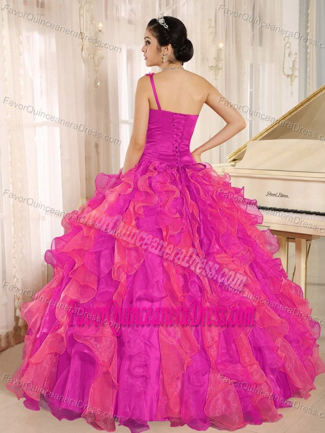 Custom Coral Red One Shoulder Beaded Quinceanera Dress with Ruffles