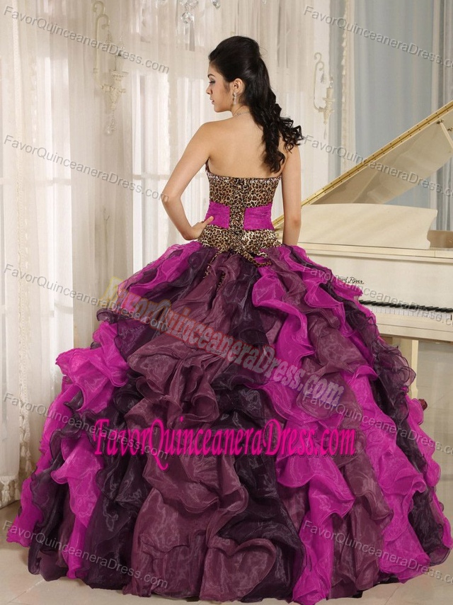 Leopard V-neck Ruffled Multi-colored Quinceanera Dress with Beading