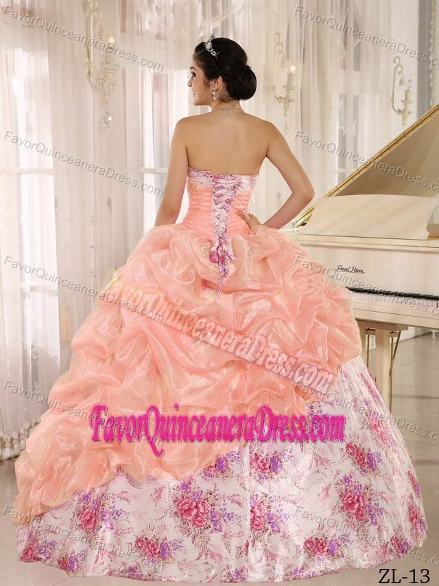 Sweetheart Beaded Printed Multi-colored Quinceanera Dress with Pick-ups
