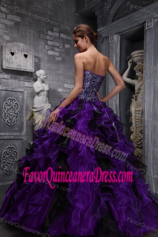 Purple Floor-length Zebra Organza Ruffled Quinceanera Dress with Beading