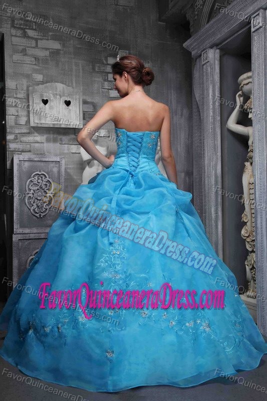 Ornate Strapless Taffeta and Organza Aqua Blue Quince Dress with Appliques