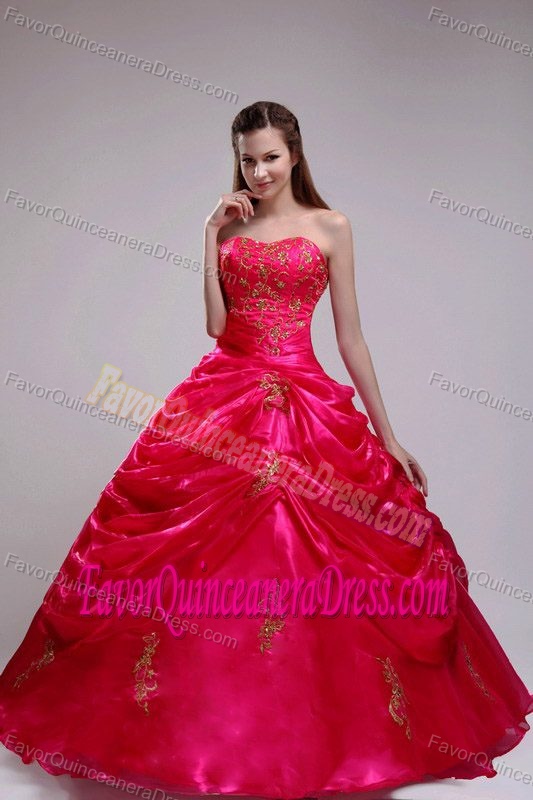 Strapless Floor-length Organza Appliqued Quinceanera Dresses in Red
