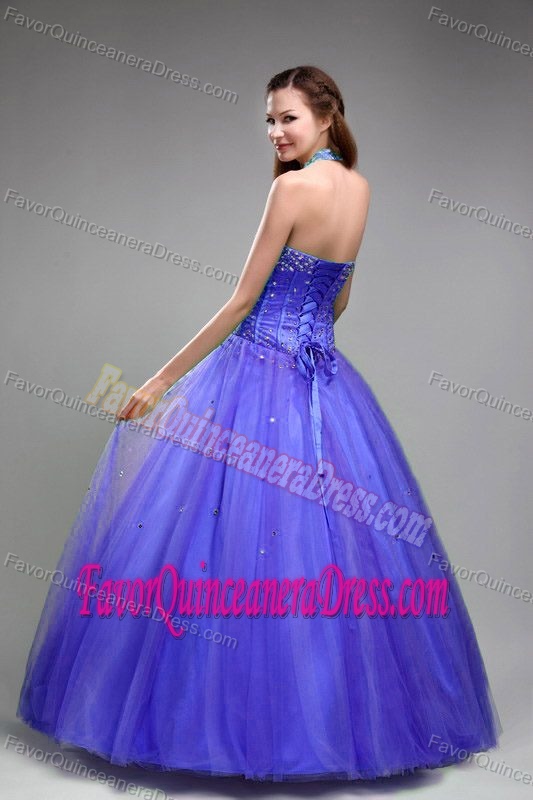 Dramatic Blue Halter Top Tulle Quinceanera Gown Dresses with Beading