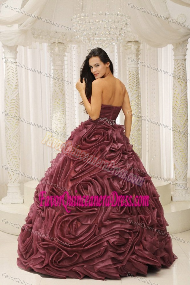 Rust Red Beaded Organza Quinceanera Dress with Hand Made Flower
