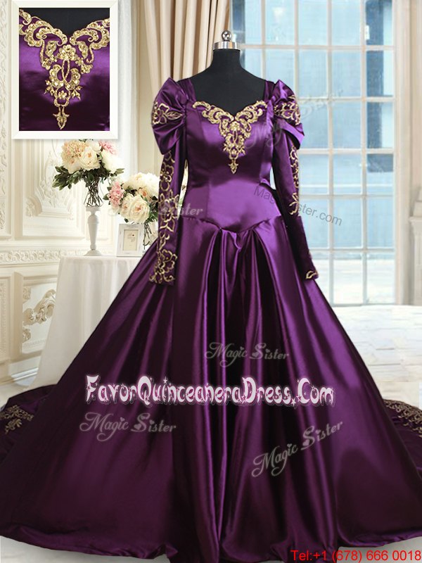 Hot Sale Dark Purple Off The Shoulder Zipper Beading and Embroidery 15 Quinceanera Dress Chapel Train Long Sleeves
