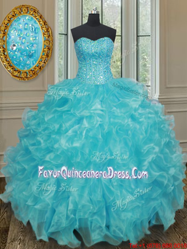 Perfect Floor Length Lace Up Sweet 16 Dresses Aqua Blue and In for Military Ball and Sweet 16 and Quinceanera with Beading and Ruffles