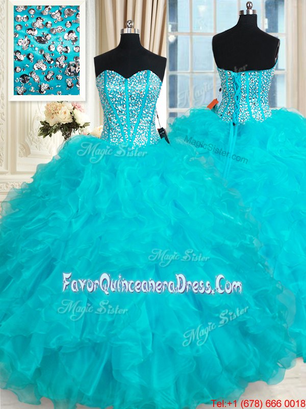  Aqua Blue Sleeveless Beading and Ruffles Floor Length Quinceanera Gown