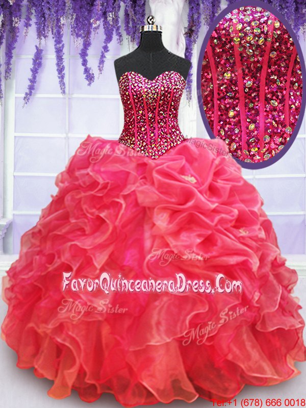  Coral Red Organza Lace Up Quinceanera Gowns Sleeveless Floor Length Beading and Ruffles