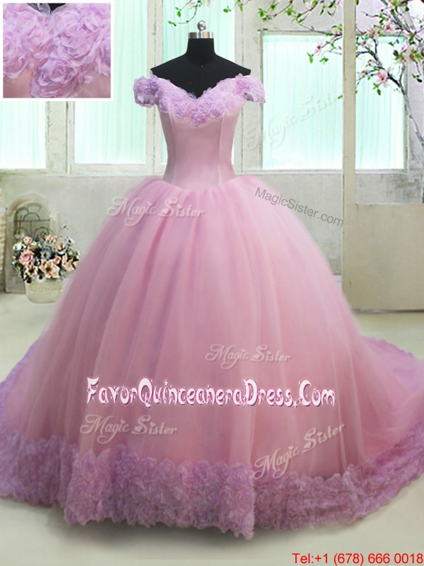  Off the Shoulder With Train Lilac 15 Quinceanera Dress Tulle Court Train Cap Sleeves Ruching