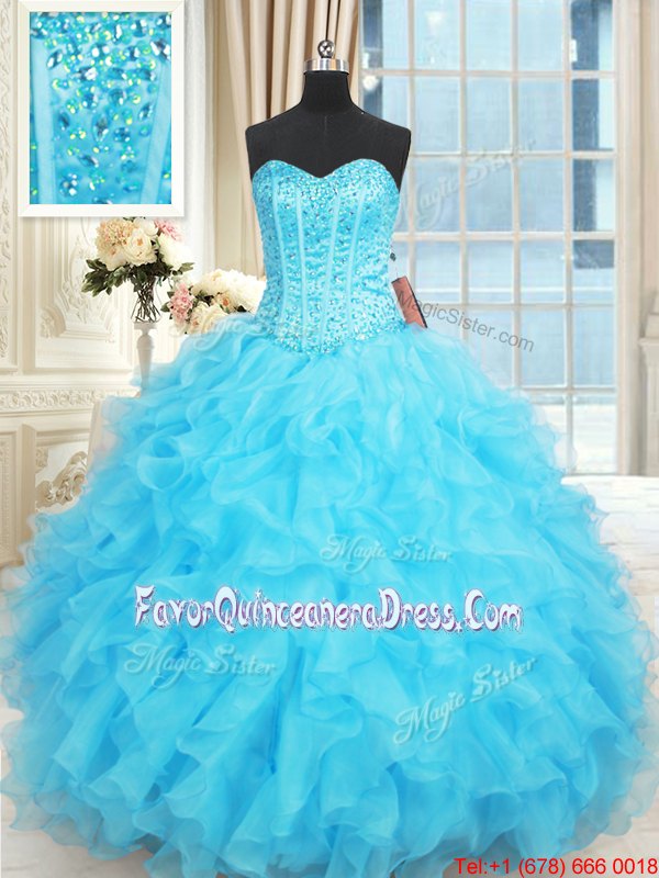 Latest Aqua Blue Organza Lace Up 15th Birthday Dress Sleeveless Floor Length Beading and Ruffles and Ruffled Layers