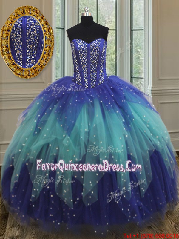 Eye-catching Floor Length Royal Blue and Aqua Blue Quince Ball Gowns Tulle Sleeveless Beading and Ruffles