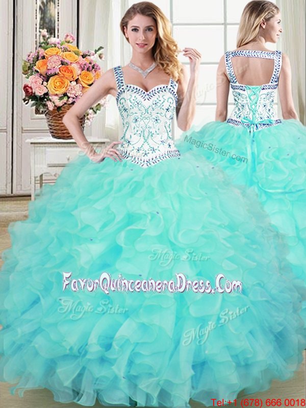 Flare Straps Straps Floor Length Ball Gowns Sleeveless Aqua Blue Sweet 16 Dress Lace Up