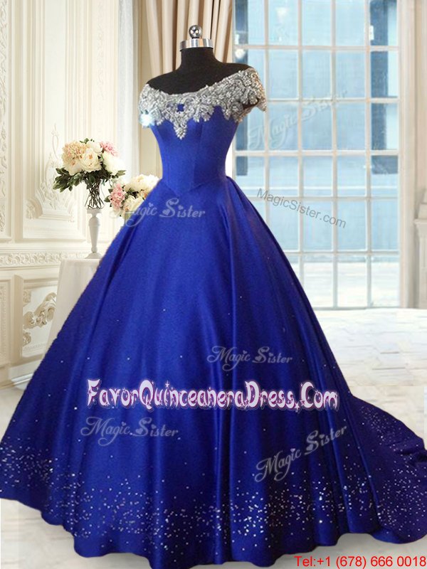 Fashion Off the Shoulder Royal Blue Lace Up 15th Birthday Dress Beading and Lace Cap Sleeves