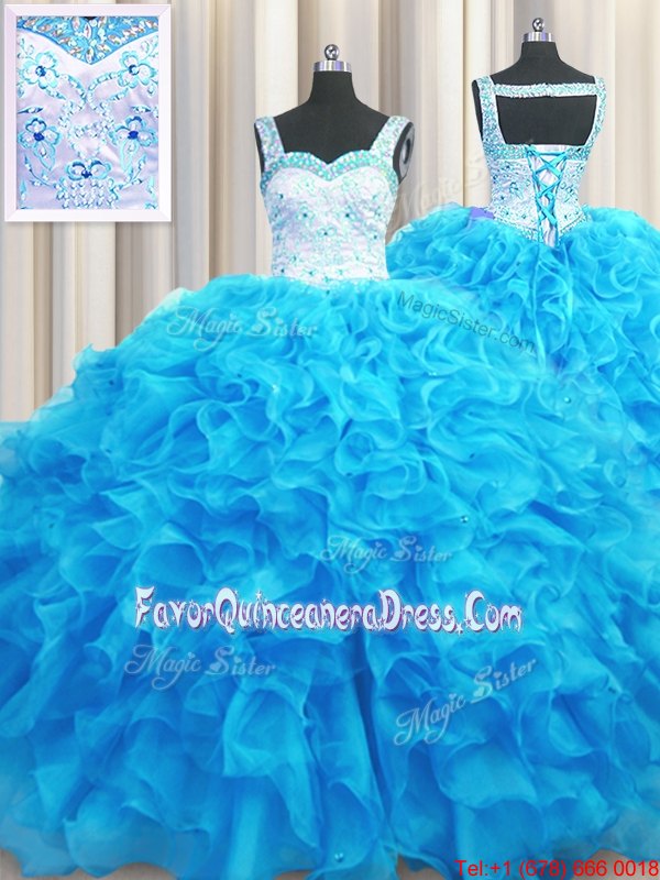 Flirting Beading and Ruffles Ball Gown Prom Dress Aqua Blue Lace Up Sleeveless Floor Length