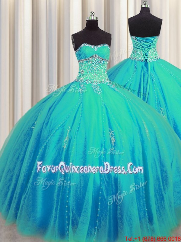  Big Puffy Floor Length Lace Up Sweet 16 Dresses Aqua Blue and In for Military Ball and Sweet 16 and Quinceanera with Beading and Appliques