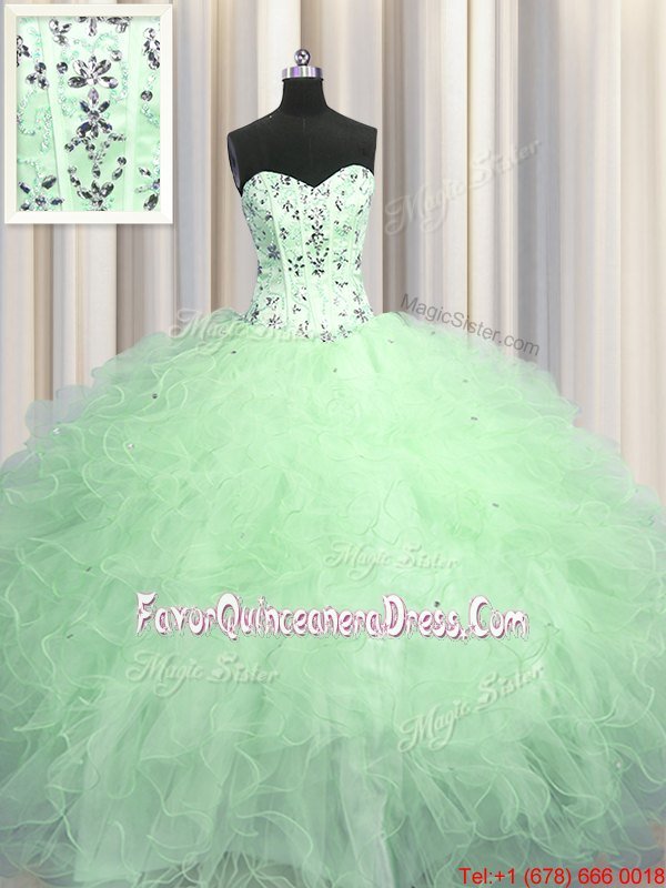 Hot Selling Visible Boning Tulle Sweetheart Sleeveless Lace Up Beading and Ruffles and Sequins 15 Quinceanera Dress in 