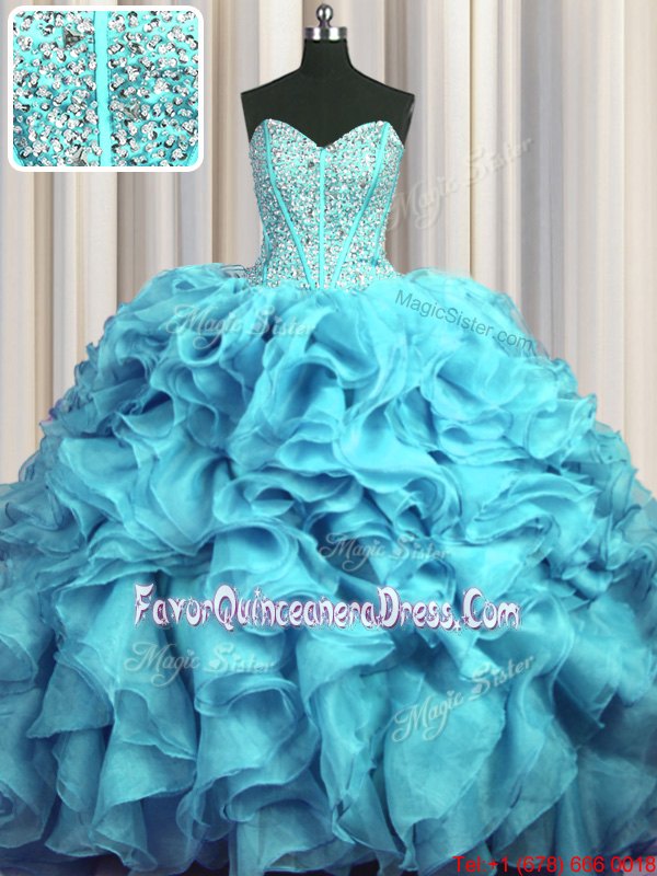 Glittering Visible Boning Bling-bling Beading and Ruffles Vestidos de Quinceanera Aqua Blue Lace Up Sleeveless With Brush Train
