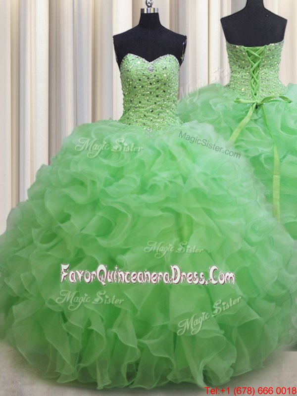  Organza Lace Up Ball Gown Prom Dress Sleeveless Floor Length Beading and Ruffles