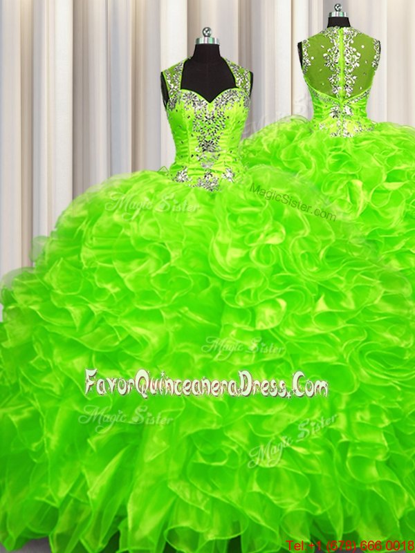  Pick Ups Zipper Up See Through Back Sleeveless Organza Brush Train Zipper 15 Quinceanera Dress for Military Ball and Sweet 16 and Quinceanera