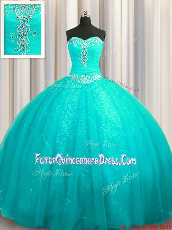 Sexy Sleeveless Organza and Sequined Court Train Lace Up Quinceanera Gown in Aqua Blue for with Beading and Appliques