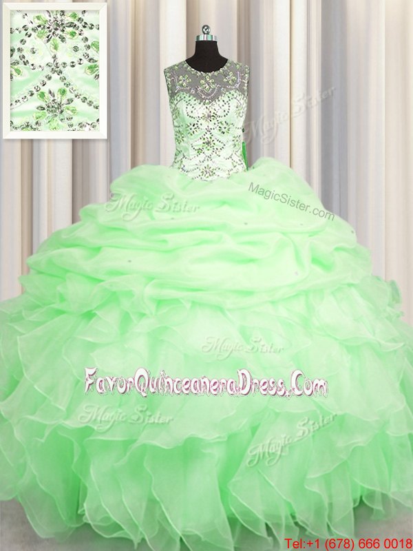 New Style See Through Ball Gowns Scoop Sleeveless Organza Floor Length Lace Up Beading and Ruffles and Pick Ups 15th Birthday Dress