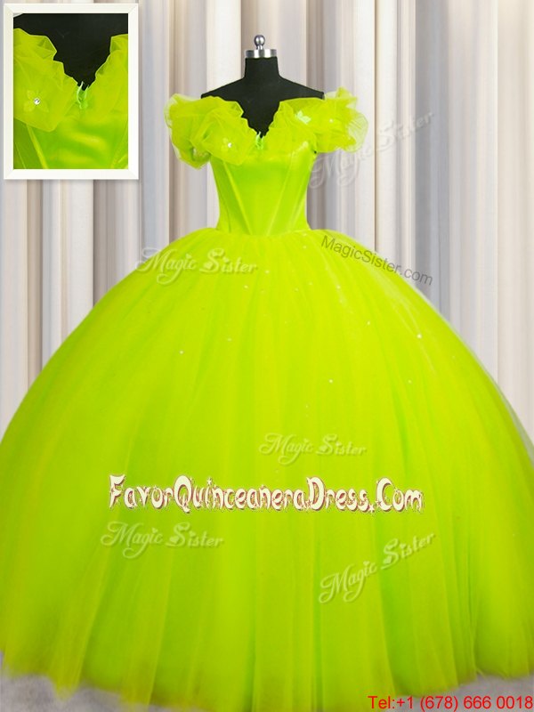  Yellow Green Off The Shoulder Neckline Ruching Vestidos de Quinceanera Short Sleeves Lace Up