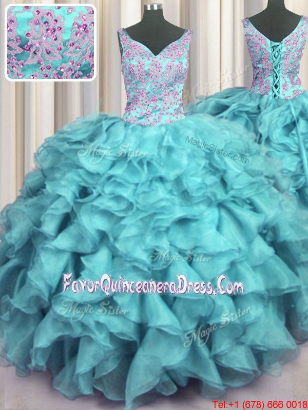 Sexy Ruffled V Neck Organza Sleeveless Floor Length Sweet 16 Dress and Appliques and Ruffles