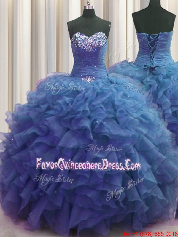 High Quality Aqua Blue Sweetheart Lace Up Beading and Appliques and Ruffles Quinceanera Gowns Sleeveless