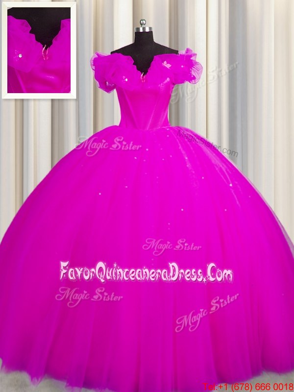 Adorable Off The Shoulder Fuchsia Tulle Lace Up Quince Ball Gowns Short Sleeves With Train Court Train Ruching