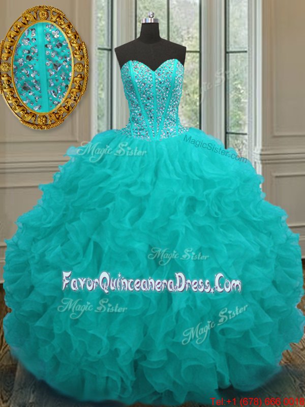 Extravagant Sleeveless Floor Length Beading and Ruffles Lace Up Quinceanera Dresses with Aqua Blue
